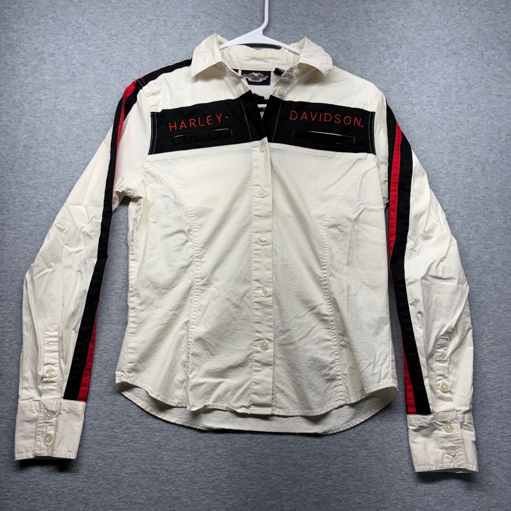 Harley‎ Davidson S Cream Black Red Racing Stripe Button Up Shirt Long Sleeve